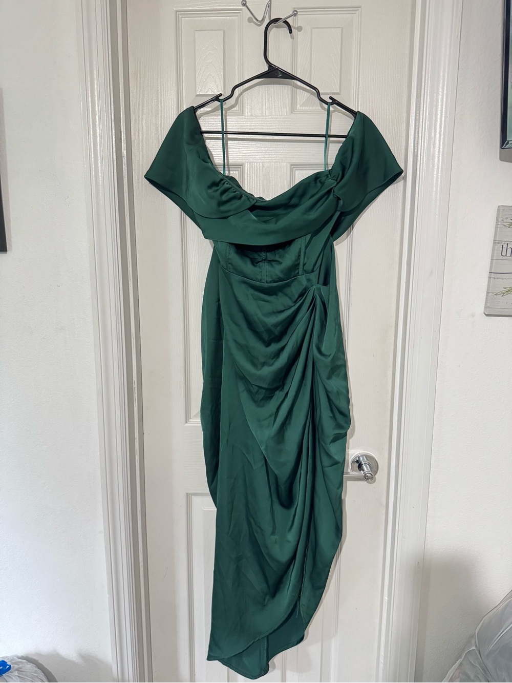 Off-Shoulder Draped Evening Dress in Forest Green